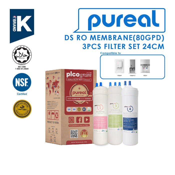 (JAKIM HALAL) Pureal Picogram 24cm DS RO (80GPD) Water Filter Cartridges 3pcs Set