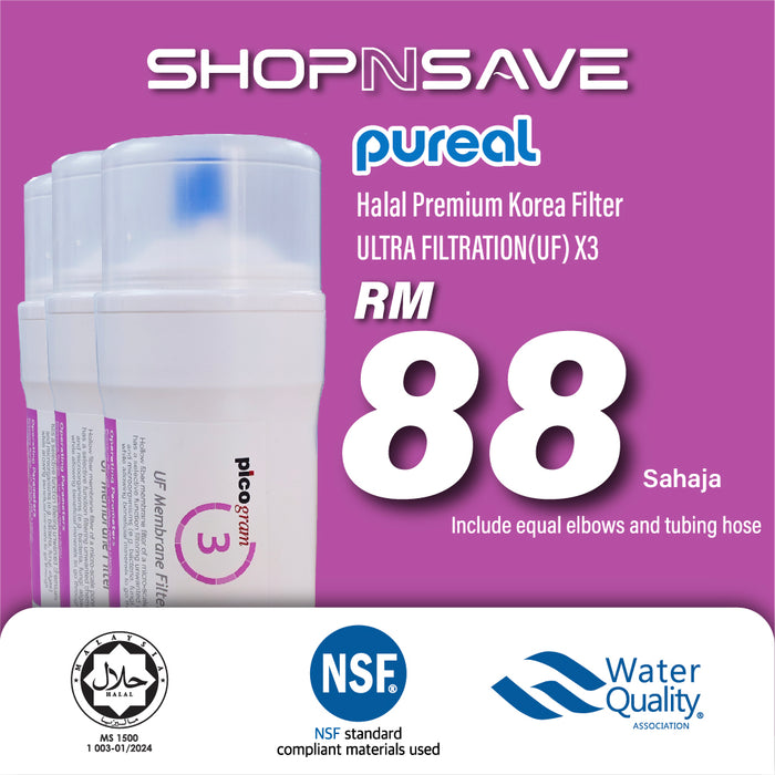 (JAKIM HALAL) Pureal Picogram 14cm UF Water Filter Cartridges 3pc compatible to Filken & SK