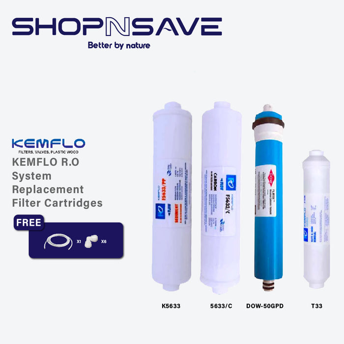 SHOPNSAVE Kemflo R.O System Replacement Filter Cartridges Set (1x RO 50GPD, 1x 5633 Sediment, 1x 5633 Carbon, 1x T33 Carbon)