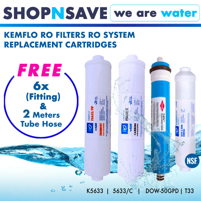 SHOPNSAVE KEMFLO RO FILTERS RO SYSTEM REPLACEMENT CARTRIDGES WATER PURIFIER 1 PC RO MEMBRANE 50GPD, 1 PC 5633 SEDIMENT PP FILTER, 1 PC, 5633/C Carbon,1 PC T33 CARBON FILTER IDEAL for elken, cuckcoo, OEM RO Water Purifier System