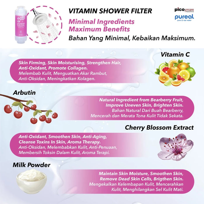 Pureal Vitamin Shower Filter Remove Chlorine/ Help with Skin Problem/ Moisture Skin