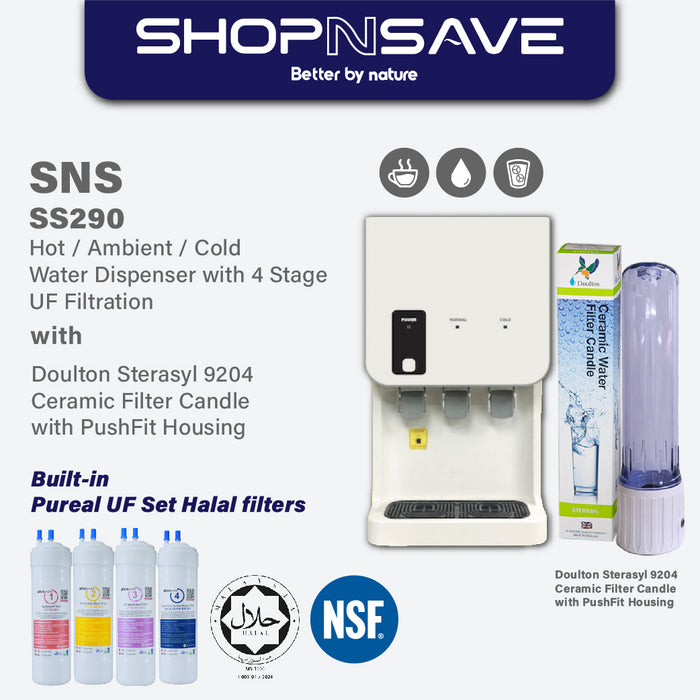 [SNS] SS290 Hot Ambient Cold Water Purifier (Pureal 4 Stage Halal Filter) with Doulton Sterasyl + Housing Combo