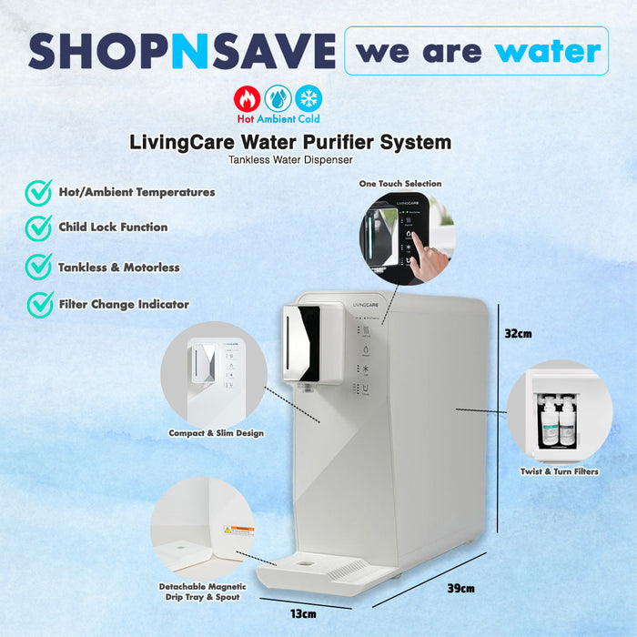 LivingCare Hot/Ambient/Cold Water DIspenser + Doulton HIP + Sterasyl 9204 Drinking Water Purifier System (AntiBacterial)