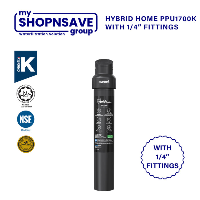 (JAKIM HALAL) Pureal Hybrid Home PPU-1700K with 1/4" Fittings Undersink Water Filter NSF certified