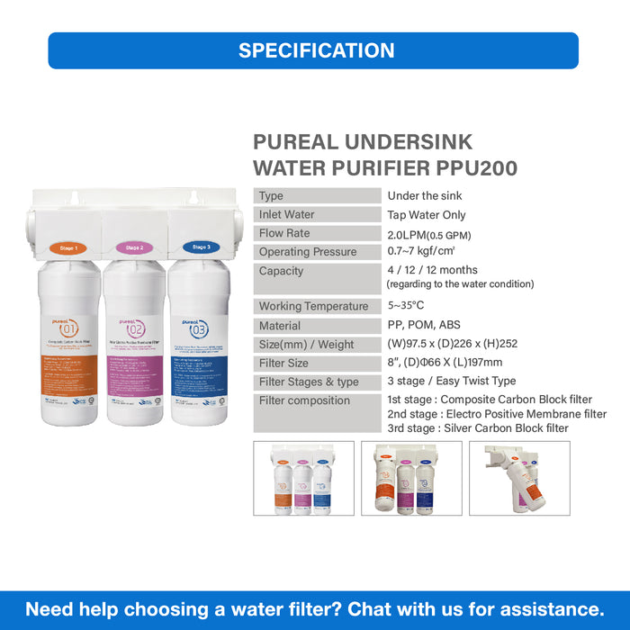 [FREE INSTALLATION] (JAKIM HALAL) Pureal PPU 200 Undersink Water Filter with Instant Hot Tap