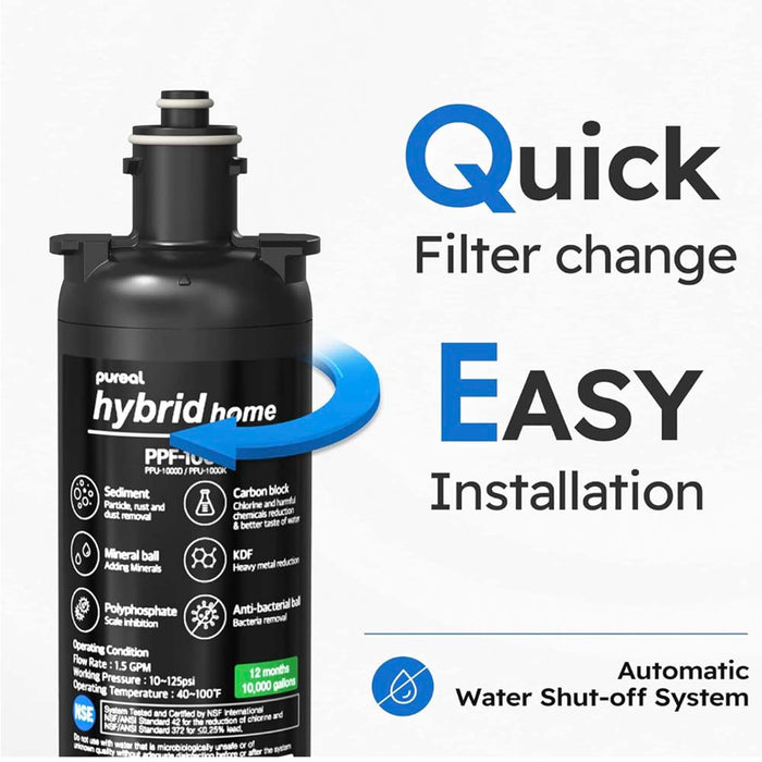 Pureal Hybrid Home PPU-1000K Under Sink Water Filter System, 10K Gallons, NSF/ANSI 42&372, Mineral Sediment Carbon Block KDF Polyphosphate Filter for Scale & Lead & Chlorine