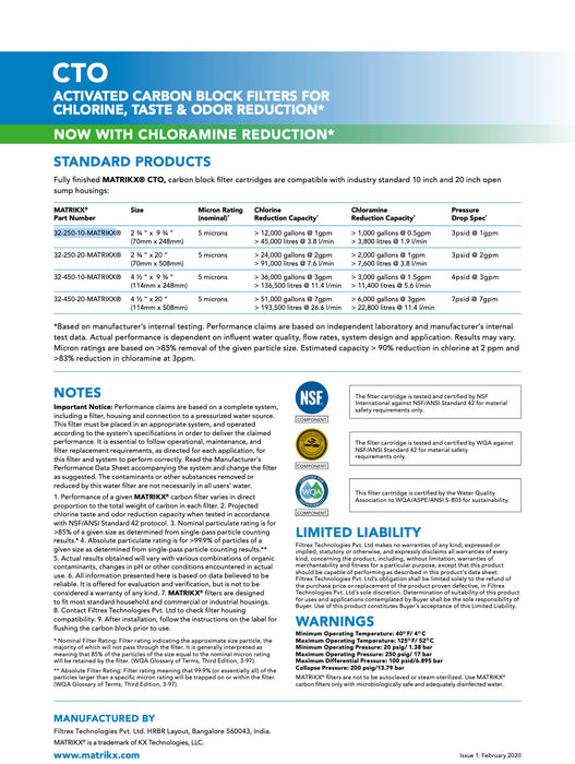 MATRIKX CTO 10" / 20" Carbon Block Filter PFAS Reduction, Chlorine Chloramine Reduction