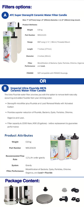 Doulton® Gravity Fed Water Filters & 2 ULTRA STERASYL 8674 (NEW LABEL) OF ATC SUPER STERASYL or 2 ULTRA FLUORIDE Complete System