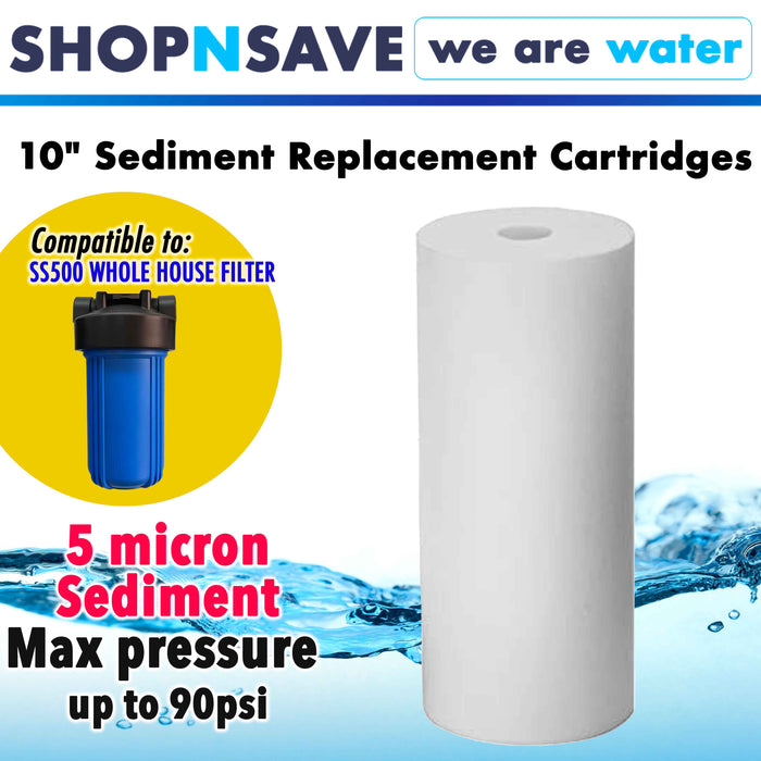 10" Sediment Replacement Cartridges for SS500 Filter, Sediment Down to 5 micron, High Flow Rate,