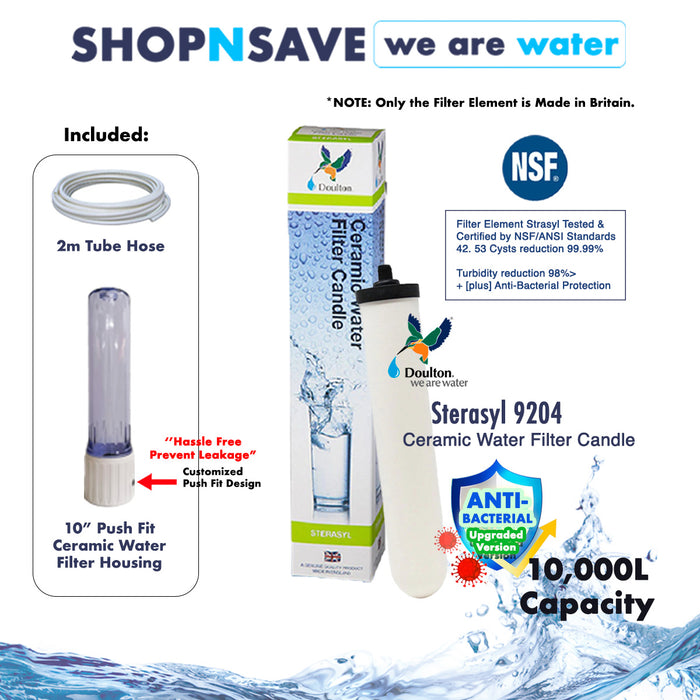 Doulton Sterasyl 9204 Ceramic Water Filter Candle (NSF) *INCLUDED SS101 10" Push Fit Ceramic Filter Housing + FREE Fittings
