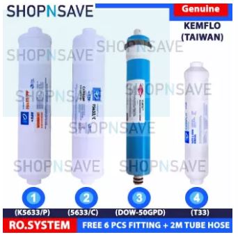 SHOPNSAVE KEMFLO RO FILTERS RO SYSTEM REPLACEMENT CARTRIDGES WATER PURIFIER 1 PC RO MEMBRANE 50GPD, 1 PC 5633 SEDIMENT PP FILTER, 1 PC, 5633/C Carbon,1 PC T33 CARBON FILTER IDEAL for elken, cuckcoo, OEM RO Water Purifier System