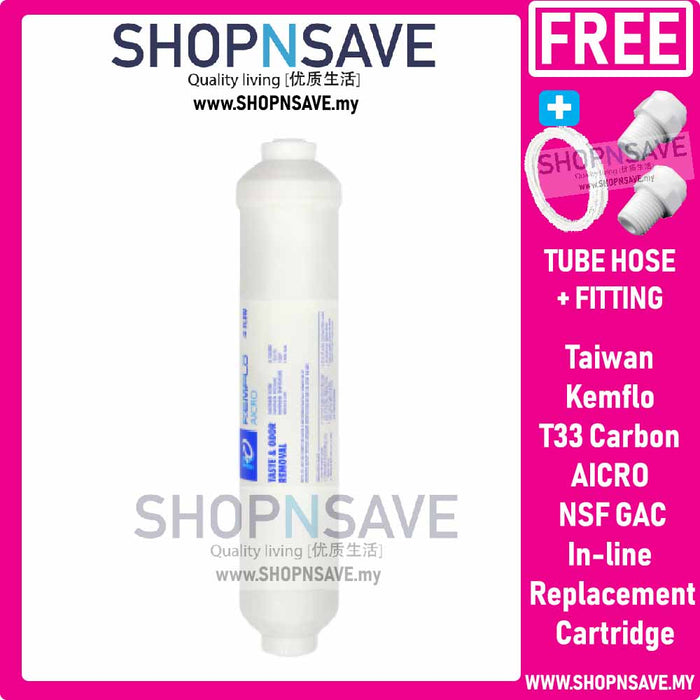 SHOPNSAVE Kemflo Taiwan T33 Carbon AICRO NSF GAC In-line Filter Replacement Cartridge WATER PURIFIER Water Filter Cartridge, In-line sediment cartridge Kemflo 12 with 1/4 connections - 5 micron, model F5633/PP. Suitable for reverse osmosis systems. - SHOP N' SAVE effortless Shopping!