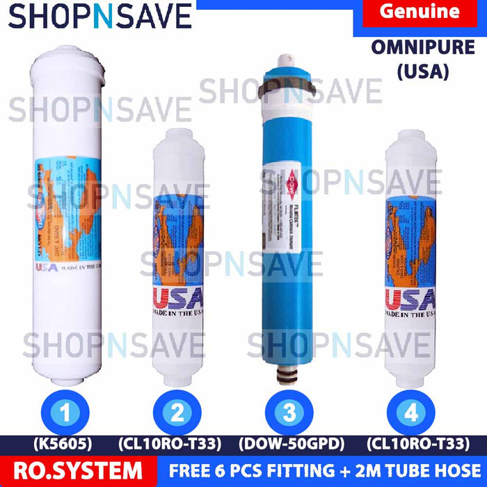 SHOPNSAVE RO INLINE WATER FILTER CARTRIDGE, RO WATER FILTER, ELKEN FILTER, FILTER, CUCKOO FILTER for all conventional ro water filters system, RO Water Filters Set, OmniPure 1 x Sediment, 2 x Activated Carbon, 1 x FilmTec RO Membrane 50 GPD